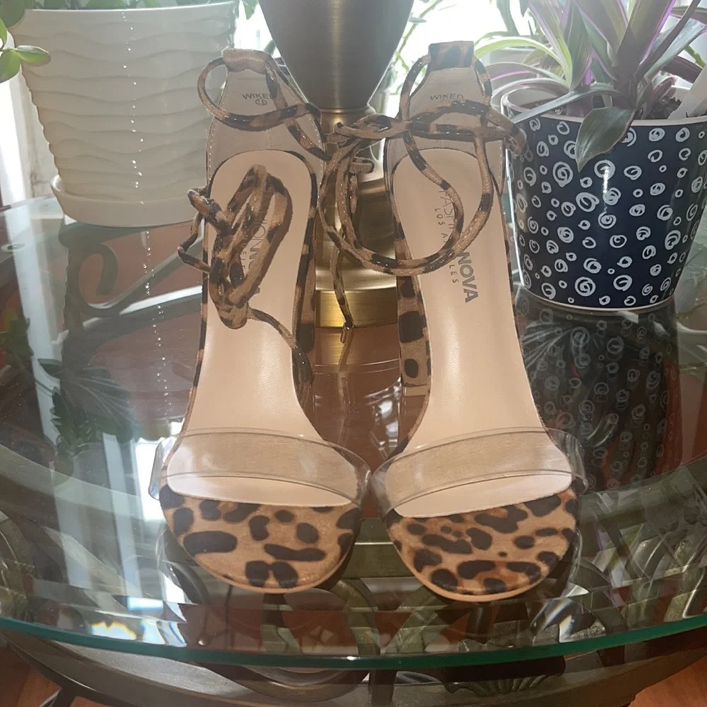 Leopard Print Ankle Wrap Dress Sandals - Picture 2 of 3